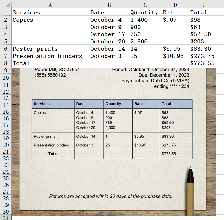 Extracted data in Excel alongside the original invoice
