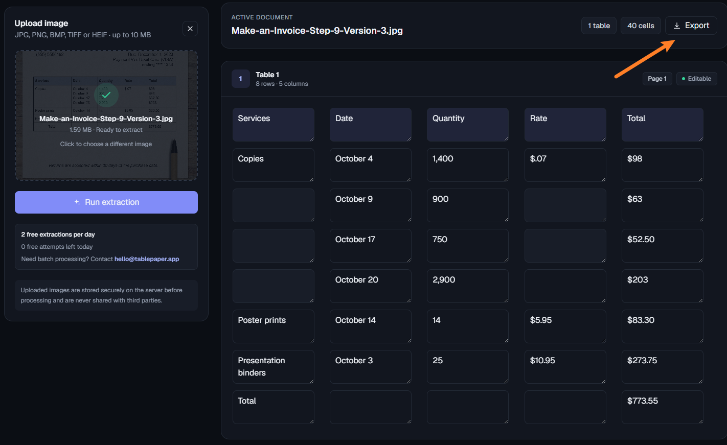 Click Export to download the workbook